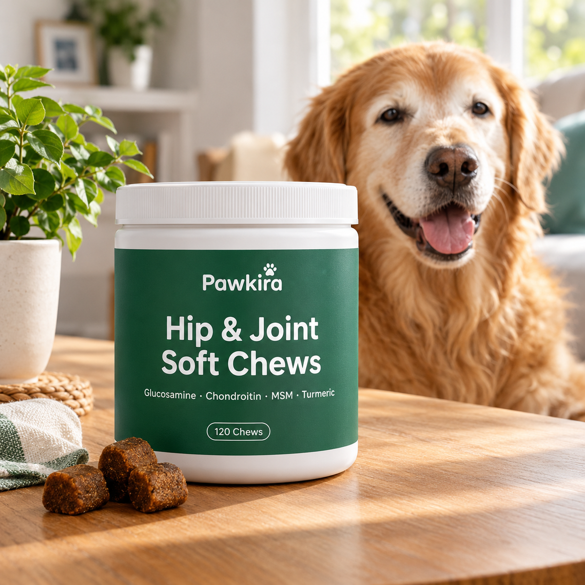 Hip & Joint Soft Chews with a senior golden retriever