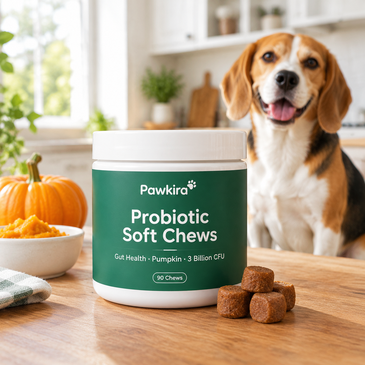 Probiotic Soft Chews with a beagle