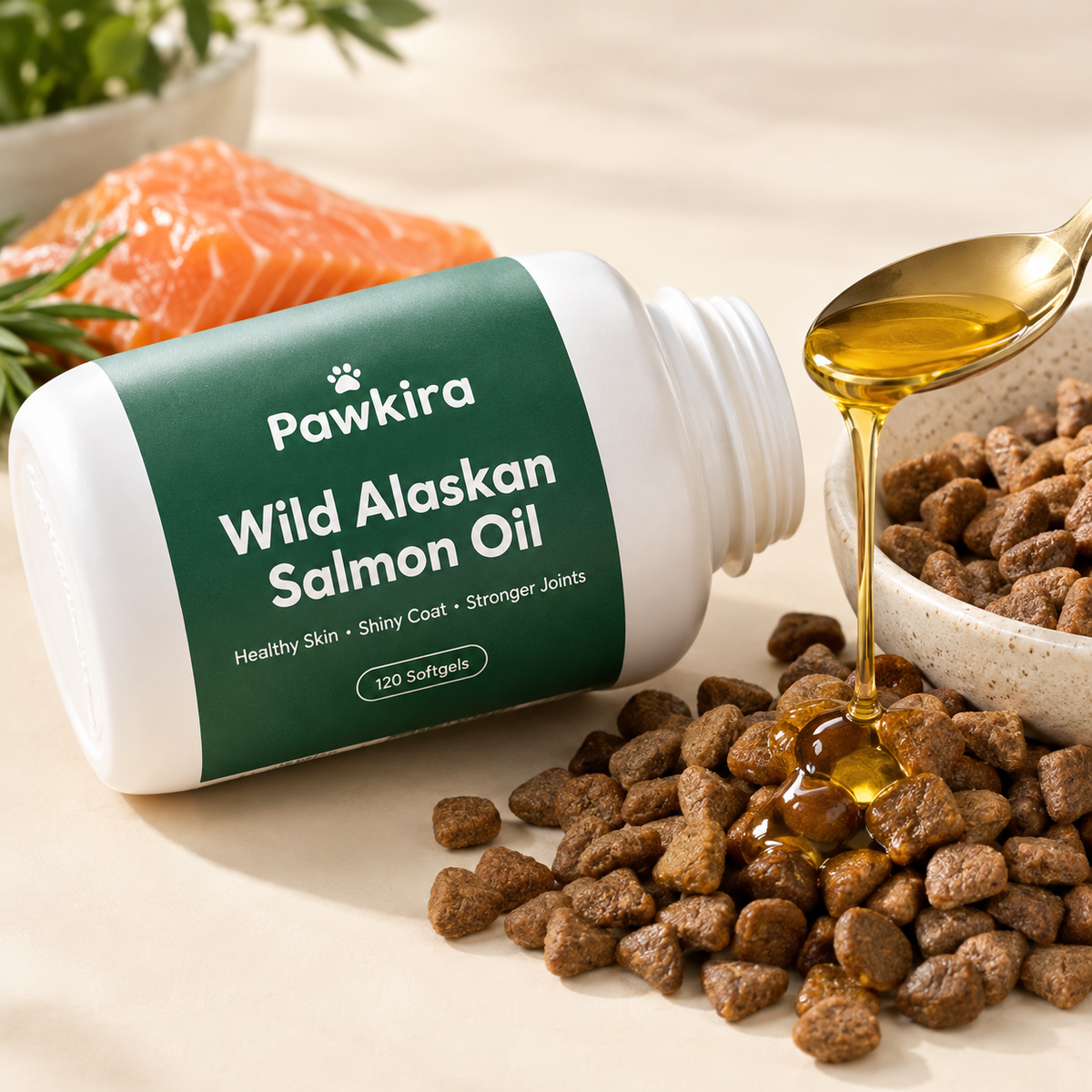 Salmon oil poured over kibble